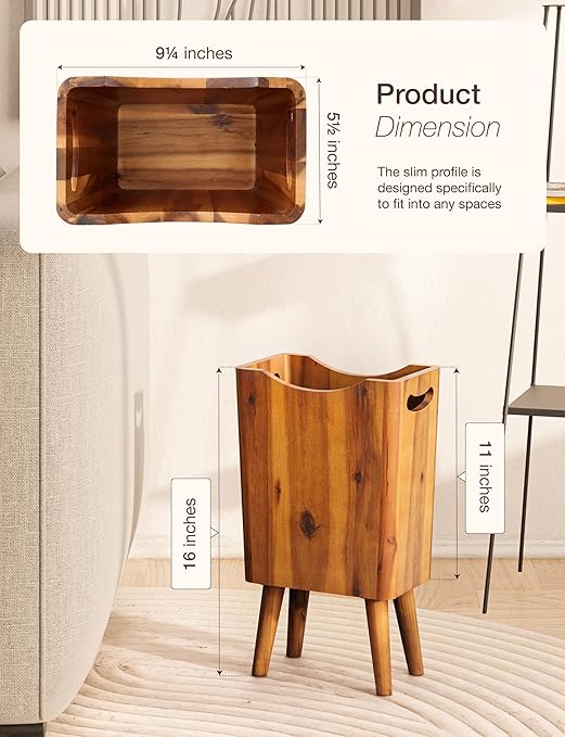 2 Gallons Wooden Trash Can 4 Legs - Acacia Wooden Bin, Wood Bathroom Accessories - Small Bin, Waste Basket for Bedroom, Office Garbage Can - Decorative Bathroom Trash Can - Patent Pending