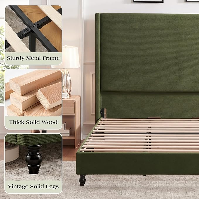 King Bed Frame with 65" Tall Headboard, Horizontal Fine Corduroy Bed Frame with Wingback, Upholstered Platform Bed, Vintage Solid Wood Gourd Legs, No Box Spring Needed, Green