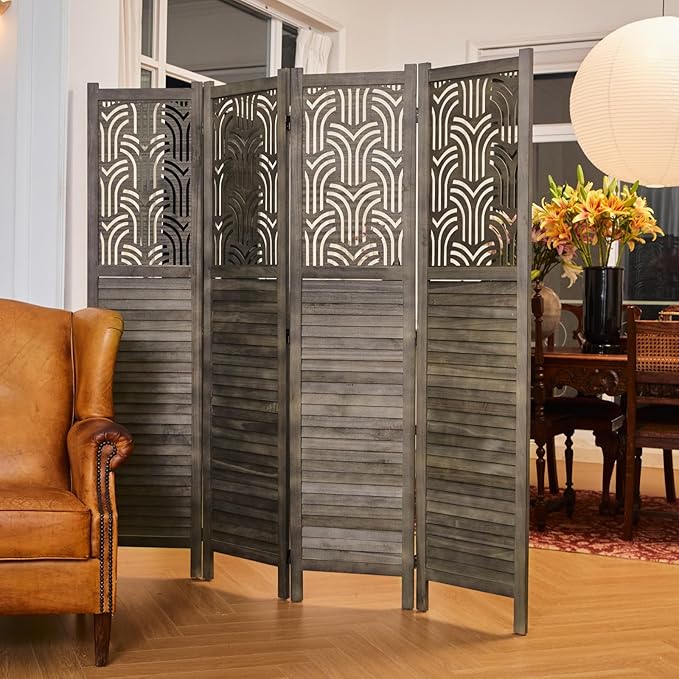 Svimi Folding Room Divider, 66.9 Inch 4 Panels Wood Carved Privacy Screens, Free Assembled Freestanding Portable Separation Wall for Home Office Restaurant Bedroom (Gray)