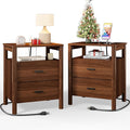 FavourLife Night Stand Set 2, 20" Wide Nightstands Set of 2, Modern Nightstand with Charging Station, 2 Drawer Wooden End Table with Solid Round Post Legs, Bedside Table w/Storage for Bedroom, Walnut