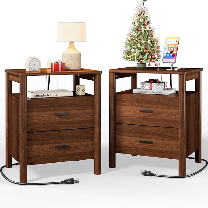 FavourLife Night Stand Set 2, 20" Wide Nightstands Set of 2, Modern Nightstand with Charging Station, 2 Drawer Wooden End Table with Solid Round Post Legs, Bedside Table w/Storage for Bedroom, Walnut