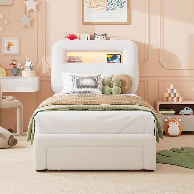 Twin LED Bed Frame with Storage Headboard & Charging Station, Kids Bed Frames with Bookcase, Teddy Fleece Upholstered Platform Bed Frames with 1 Storage Drawer, No Box Spring Needed, Beige