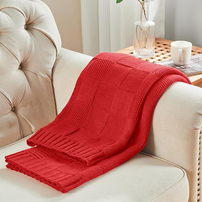 CozeCube Check Knit Throw Blanket, Christmas Red Checkered Bedroom Blanket for Couch, Soft Cozy Warm Knitted Blanket for Bed Sofa Living Room, Decorative Spring Fall Throw Blanket, 60"X80"