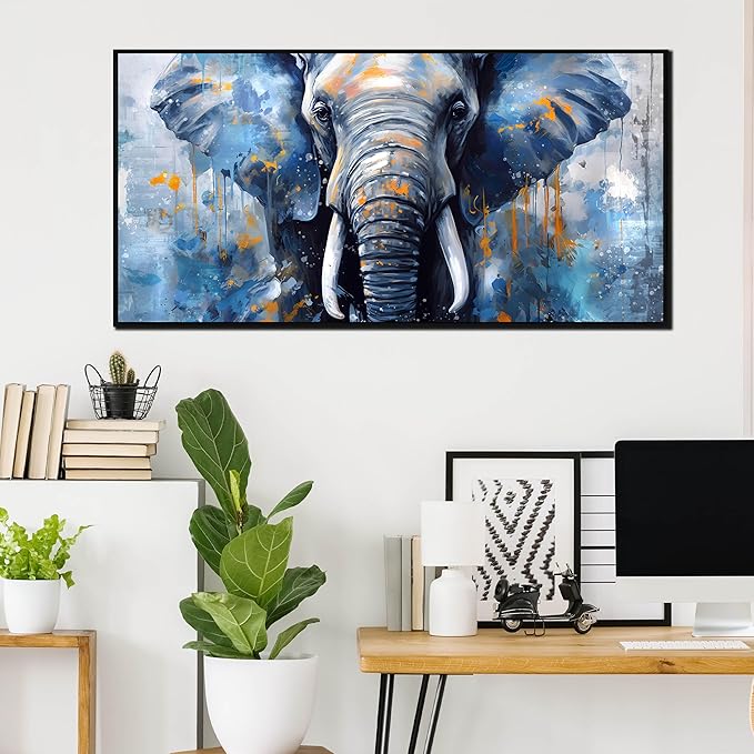 Elephant Wall Art for Living Room, Animal Canvas Wall-Decor for Bedroom, Blue Picture Print, Large Size 59x29 Inches Framed