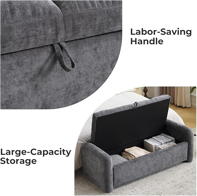 Oversized Chenille Ottoman Bench with Storage, Upholstered End of Bed Bench for Bedroom, Ottoman Foot Rest for Living Room, Dark Grey