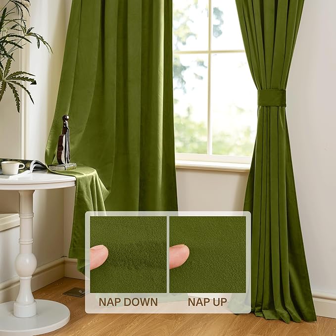 StangH Green Velvet Curtains for Living Room, 96 inches Long Thermal Insulated Blackout Window Drapes for Sliding Door, Christmas Holiday Backdrops, Olive Green, W52 x L96, 2 Panels