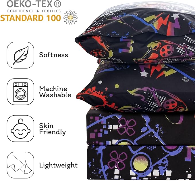 JSD Black Gaming Sheet Set Full Size, 4 Piece Soft Kids Boys Printed Microfiber Bed Sheets Deep Pocket