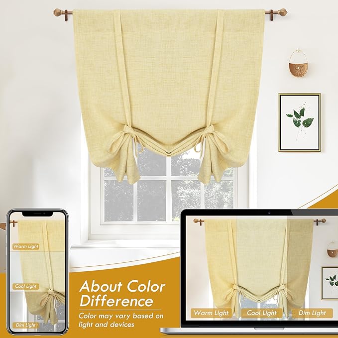 DriftAway Double Layer Linen Blackout Tie Up Curtains Thermal Insulated Fully Lined Balloon Roman Shade Bathroom Window Adjustable Rod Pocket for Small Window 31 Inch by 47 Inch Yellow