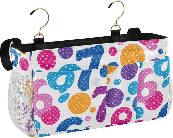 Bedside Caddy Hanging Bunk Bed Caddy Bed Organizer Hanging Pocket with 2 Hooks Bedside Storage Organizer Pocket Bag Holder Six Seven Flowers Colorful Polka Dots