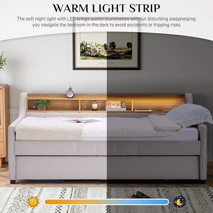Twin Size Daybed with Pop Up Trundle Bed, Linen Fabric Upholstered Day Bed Frame with w/LED/USB/Type C/Storage Headboard, Twin to King Daybed for Living Room Bedroom, No Box Spring Needed, Beige