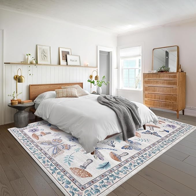 Washable Rug 5x7 Area Rugs for Living Room, Mushroom Insect Rug for Bedroom, 5x7 Rug Non Slip Throw Rugs with Rubber Back, Low Pile Stain Resistant Modern Carpet for Dining Room Dorm,Beige