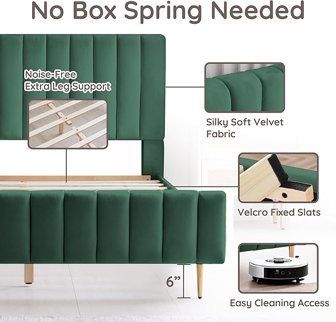 Livinia Queen Size Elton Velvet Platform Bed, Upholstered Bed Frame with Vertical Channel Tufted Headboard Footboard, Strong Wood Slats, No Box Spring Needed, Green (Queen)