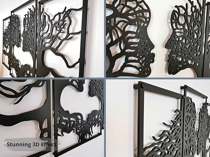 VAILLA Tree of Life Wall Wooden Art Abstract Tree Man Woman Face Large 3D Wooden Wall Decor Set of 3 Hanging Sculpture Modern Home Decoration 3D Textured Sculptures for Living Room Bedroom Office Dinnig Room (59"L x 35"W)