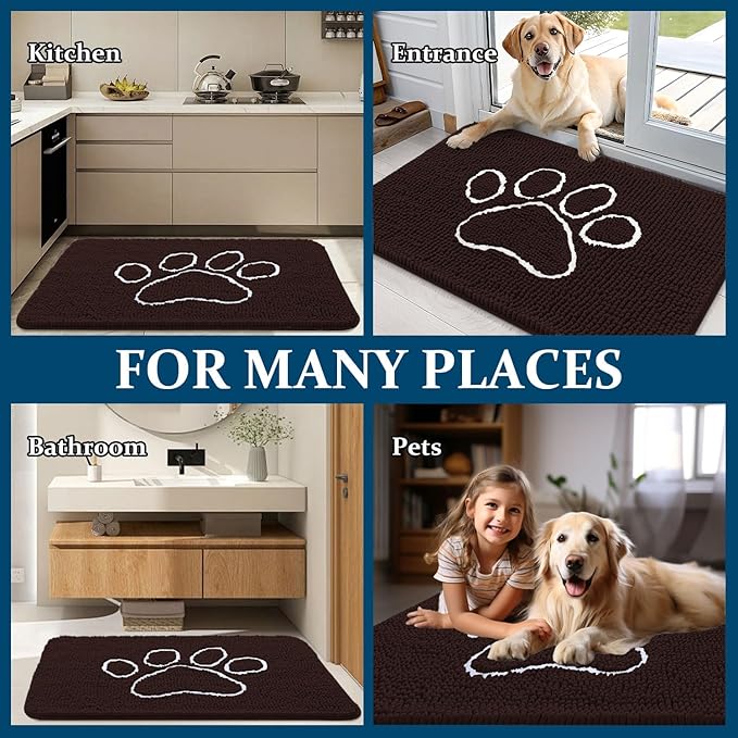 OLANLY Dog Door Mat for Muddy Paws 59x35, Paw Print Design, Absorbs Moisture and Dirt, Absorbent Non-Slip Washable Doormat, Quick Dry Chenille Mud Mat for Dogs, Entry Indoor Entryway Carpet, Brown