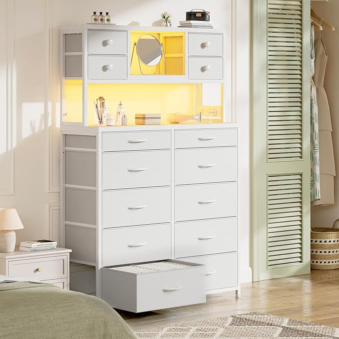 EnHomee 62.8" H Dresser for Bedroom with 14 Fabric Drawers,White Dresser with Charging Station and LED Lights,Dressers & Chests of Drawers for Bedroom, Steel Frame & Wooden Top, Entryway
