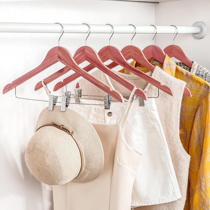 TOPIA HANGER American Red Cedar Wooden Hangers with Adjustable Metal Clips and 360° Swivel Hook, Premium Wood Clothes Hangers 10 Pack for Suit, Pant, Skirt, Jeans, Coat, Jacket-CT28C
