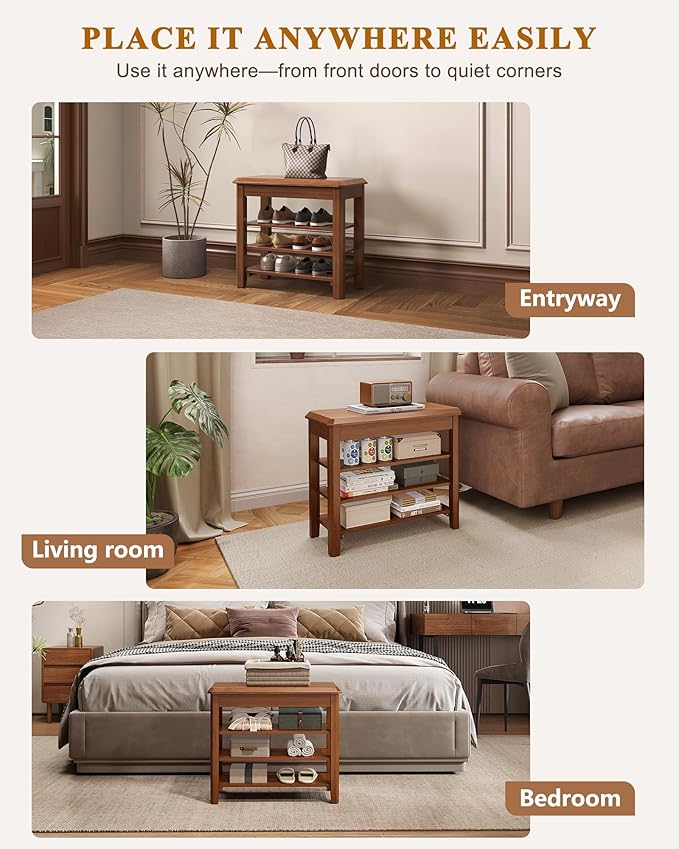 Shoe Rack Bench Seat Rubberwood 3-Tier Wooden Storage Bench 550lbs Compact Mid-Century Modern Design for Entryway, Hallway, Closet, Front Door Entrance, Foyer