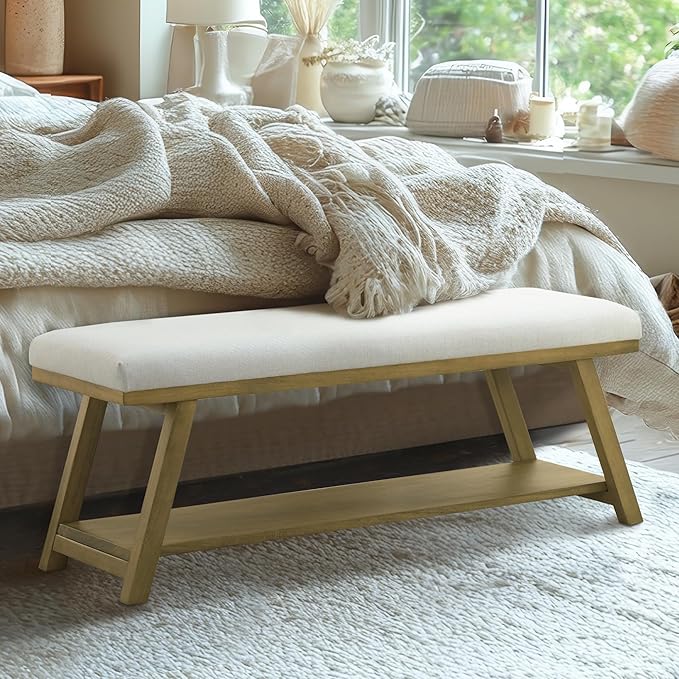 45" Entryway Bench Upholstered Storage Bench for Bedroom Shoe Rack Bench for Living Room, Hallway, Mudroom, Balcony, Sturdy Indoor Bench Seat Holds Up to 300 lbs (Beige)