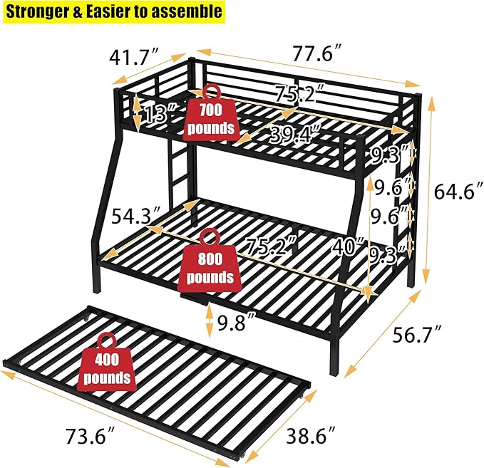 Higher Quality & Stronger Metal Bunk Bed Twin Over Full Size Bunkbed Frame, Thickened Heavy Duty More Stable Steel Bunk Bed with Twin Size Trundle (Twin Over Full)