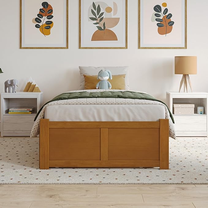 AFI Concord Twin Solid Wood Platform Bed with Footboard & Twin Trundle in Light Toffee