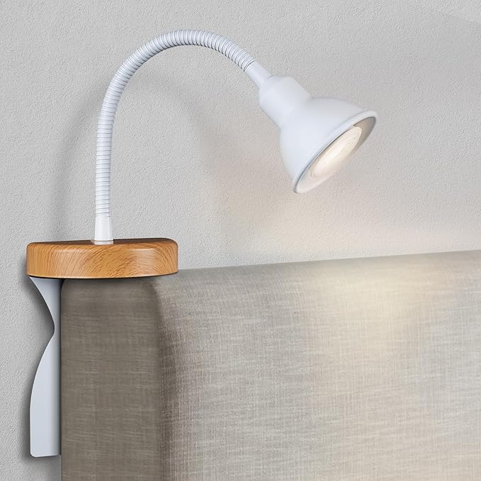 Solfres Patented Innovative Design Headboard Reading Light. No Drilling Golden Book Light for Bedtime Reading. Dimmable LED Book Reading Lamp with Bulb. Movable & Flexible, White
