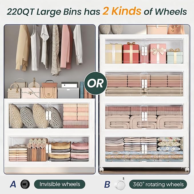 900QT Extra Large Stackable Storage Bins with Lid, 225Gal Collapsible Storage Box with Wheels and Doors, Plastic Closet Organizer and Storage Cabinet for Home Kitchen Office Dorm, 5Pack White