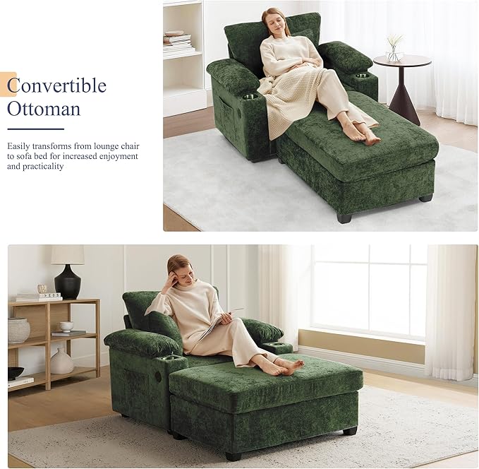 SUNWAVE 58" Chaise Lounge Chair with Ottoman, Chenille Fabric Sofa Bed, Accent Chair with Cupholders & USB Charging Ports for Living Room, Bedroom, Apartment (1 Chaise Forest Green)