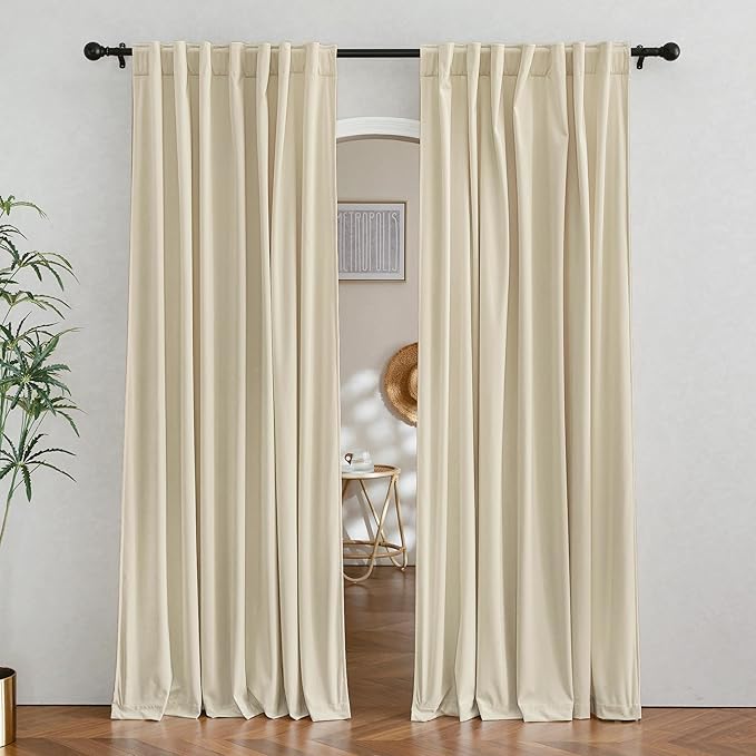 RYB Home Velvet Blackout Curtains - Smooth Plush Privacy Blackout Energy Efficient Window Treatment Luxury Decoration for Living Room, W62 x L84, Light Beige, 2 Pieces