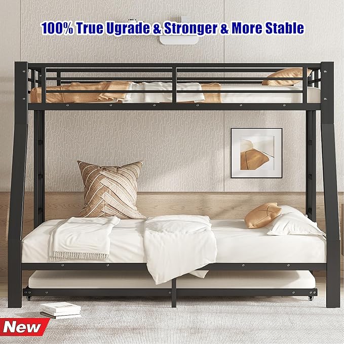 Higher Quality & Stronger Metal Bunk Bed Twin Over Full Size Bunkbed Frame, Thickened Heavy Duty More Stable Steel Bunk Bed with Twin Size Trundle (Twin Over Full)