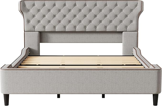 Christopher Knight Home Salus Linen Upholstered King Size Bed Frame with Headboard, Modern King Bed Frame and Headboard, Wooden Slats Support, Easy Assembly, No Box Spring Needed, Grey