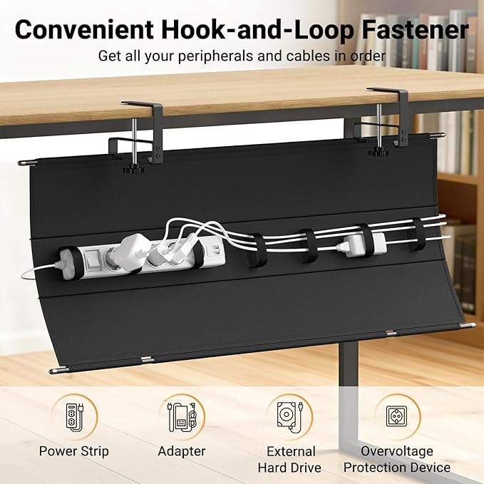 Housolution Under Desk Cable Management Tray, 36'' Longer Cord Management Under Desk, Premium Fabric Cable Storage Organizer, No Drilling Clamp/Screw Mount Cord Organization Tray for Office Home