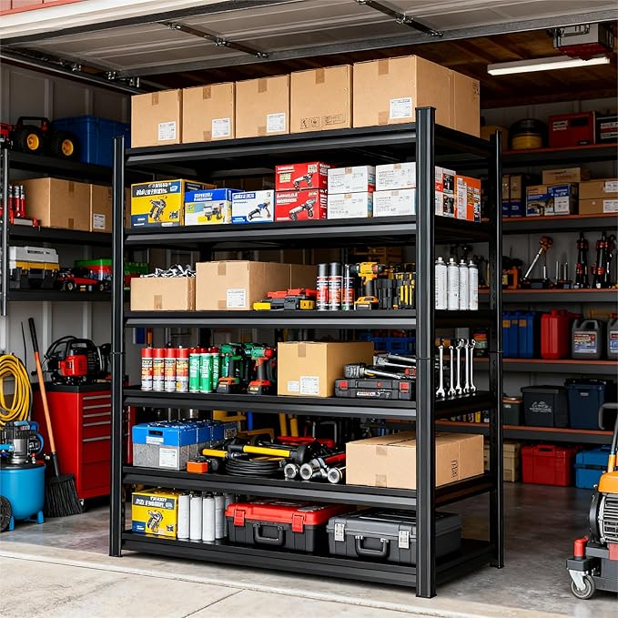 Storage Shelves, Garage Metal Shelving Unit, Adjustable, Double-Layer Column with Reinforced Ribs, Heavy-Duty, Capable of Bearing 600-3600 lbs (Black, 47''W*24''D*77''H, 6-Tier)