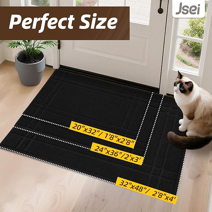 JSEI Entryway Rugs Doormat 24"x36", Non-Slip Dirt Trapper Door Mats Indoor, Washable Absorbent and Stain Resist Welcome Floor Mat for Front Door, Dog Door Mat, Muddy Wet Shoes & Paws, Black