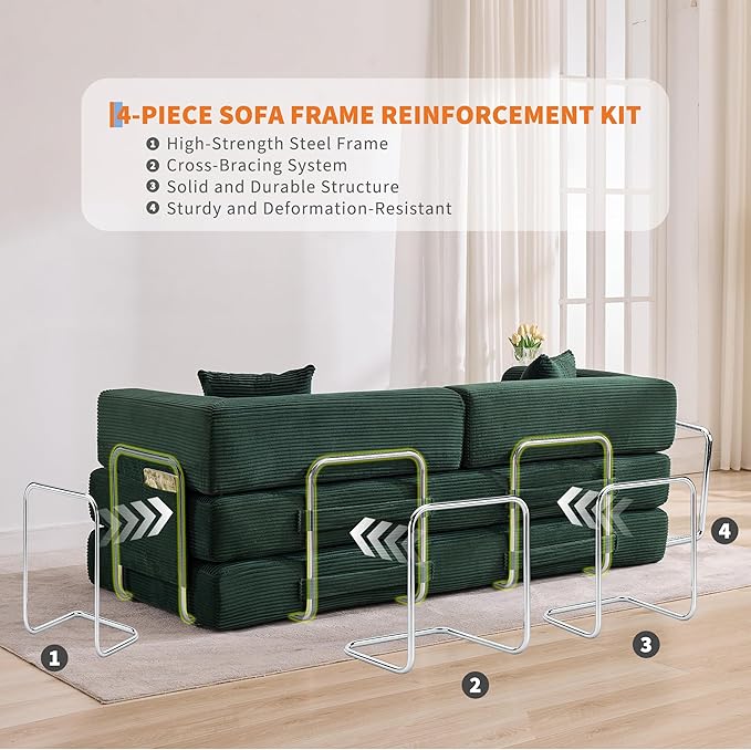 Garvee 5-in-1 Convertible Sofa Bed, 78.8" Modular Corduroy Sleeper with Sturdy Frame & No Assembly, Multi-Functional Futon for Small Space, Living Room & Guest Room (Dark Green)