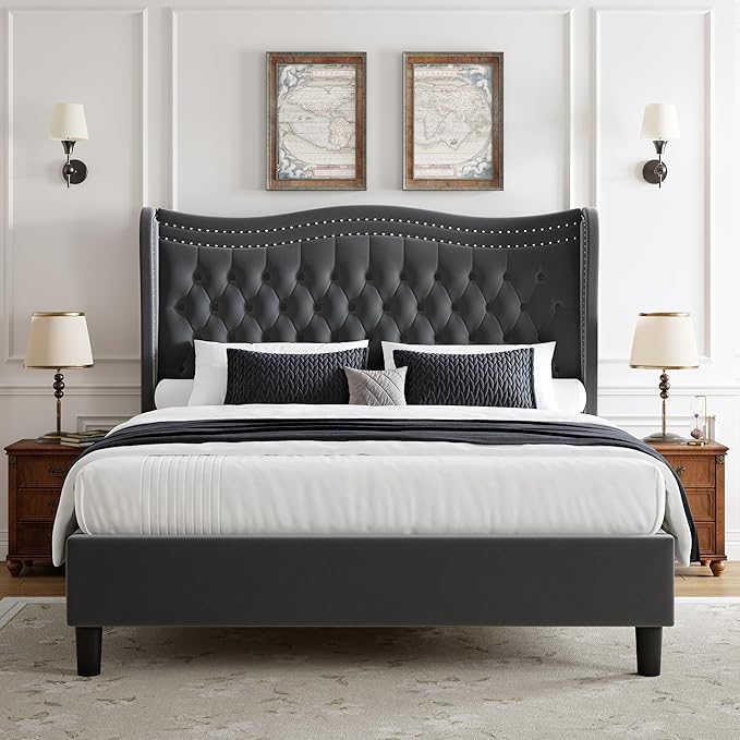 Upholstered Full Size Bed Frame with Tall Headboard, Velvet Wingback Platform Bed Frame with Deep Button Tufted, No Box Spring Needed, Noise Free, Grey