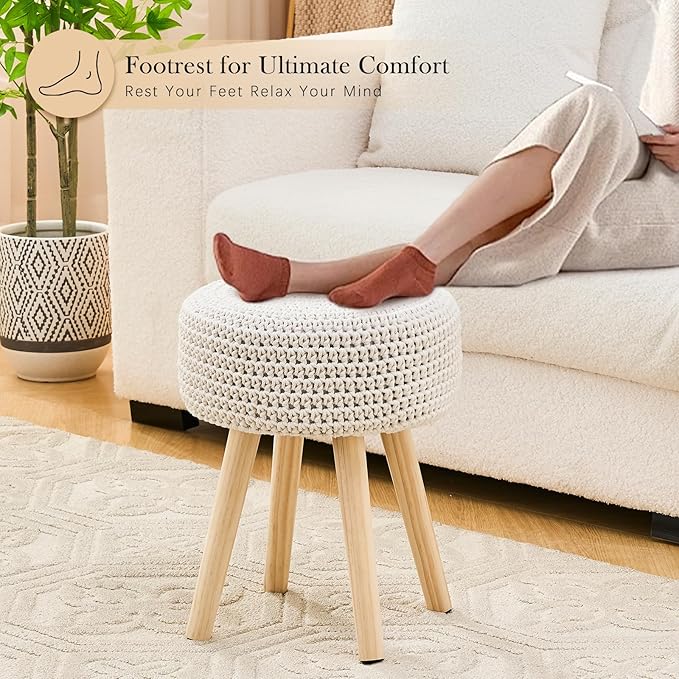 LGENHOOM Cotton Knitted Ottoman Round Footstool Vanity Stool Modern Stool Ottoman Footrest Stool with Non-Skid Wood Legs for Living Room Bedroom White