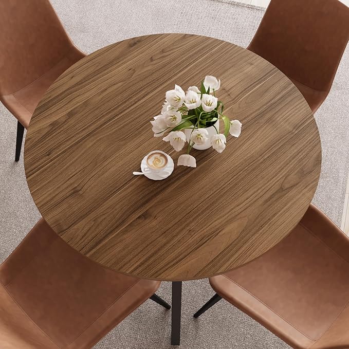 34.6'' Round Dining Table and Chairs for 4 Space Saving for Apartment Kitchen Dining Room (Walnut Table+4 Brown Chairs)