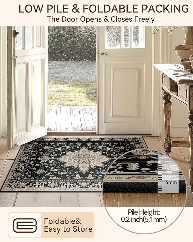 Area Rugs 8ft Washable Non-Slip, Floral Vintage Distress Print Pattern Medallion Carpet for Living Room Bedroom Dining Room, Black Brown Neutral Dark Tan