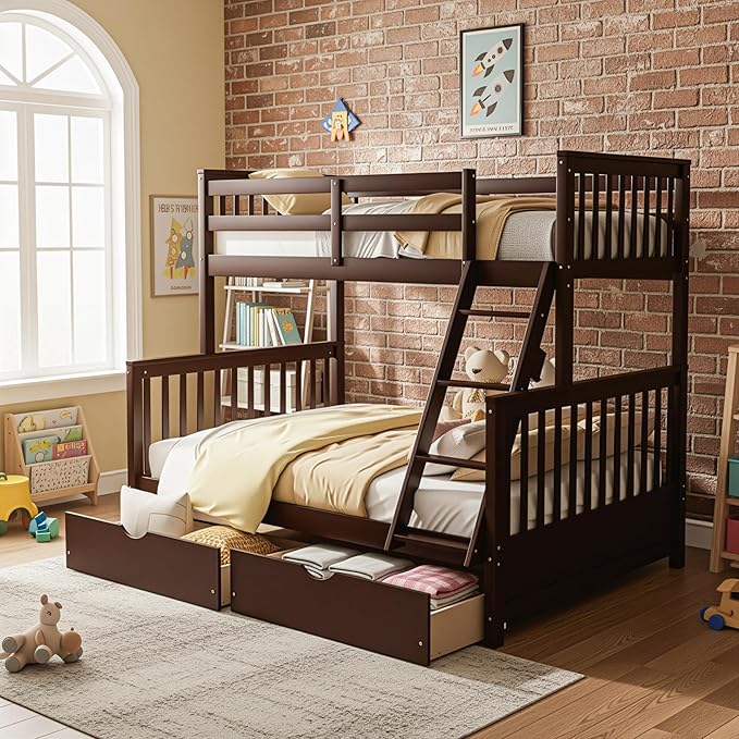 Merax Wood Bunk Bed with Two Drawers,Convertible Wood Bunk Bed with Ladders and Two Storage Drawers,Solid Wood Detachable Bed Frame with Ladders, Twin Over Full Size, Espresso