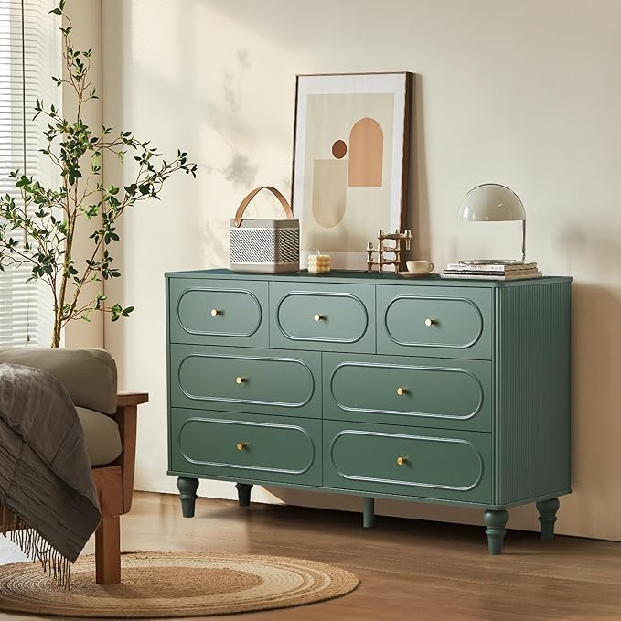 ORRD Fluted 7 Drawer Dresser for Bedroom, Modern Mid Century Chest of Drawers, Wood Storage Large Dresser Organizer for Bedroom Living Room Closet Hallway, Green