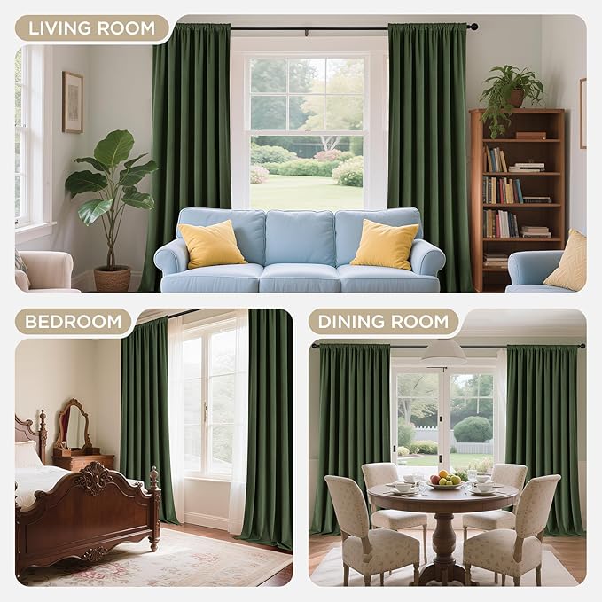 Joydeco Olive Green 100% Blackout Curtains 120 Inch 2 Panels, Luxury Thermal Green Velvet Curtains for Bedroom Living Room, Soundproof Blackout Window Drapes, Rod Pocket & Back Tab (52W x 120L)