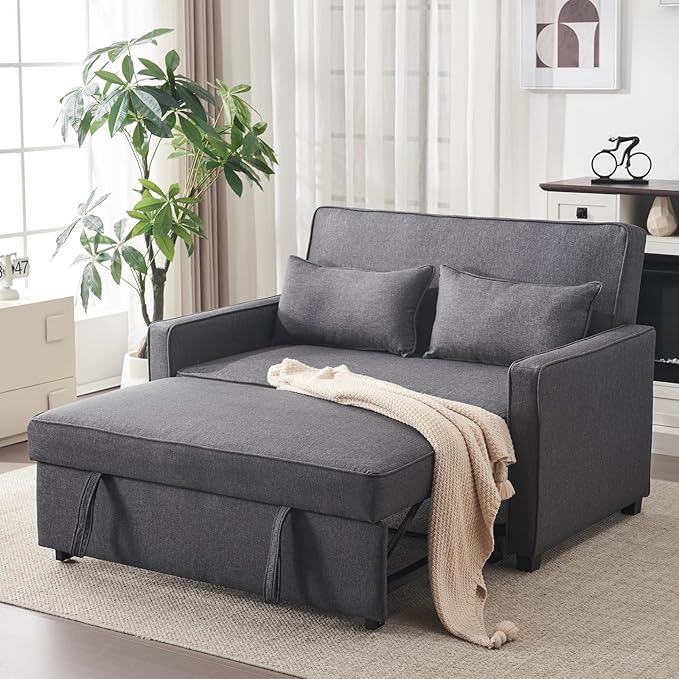 Furnimart 3-in-1 Convertible Sleeper Sofa with Pull-Out Bed, 53" Futon Couch Bed, Adjustable Backrest Loveseat for Small Spaces Gray