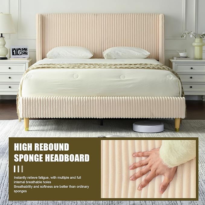 PINJU Queen Size Bed Frame, Upholstered Platform Bed with Modern Vertical Striped Wingback Headboard with Wooden Slats, Easy to Assemble No Noise Free (Beige, Queen (U.S. Standard))
