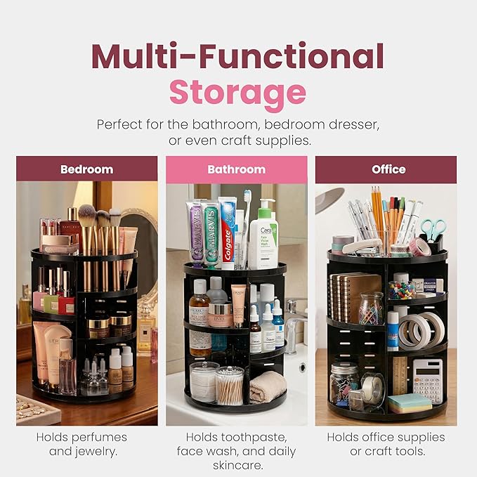 360 Rotating Makeup Organizer - Adjustable Shelf Height and Fully Rotatable. The Perfect Cosmetic Organizer for Bedroom Dresser or Vanity Countertop. (Black)