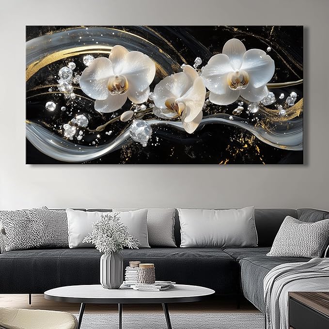 White Orchid Canvas Wall Art - Modern Floral Picture for Living Room, Bedroom Wall Decor, Framed Wall Art for Home Decoration, Elegant Flower Paintings Ready to Hang, Large Wall Art 60x120cm(24x48in)