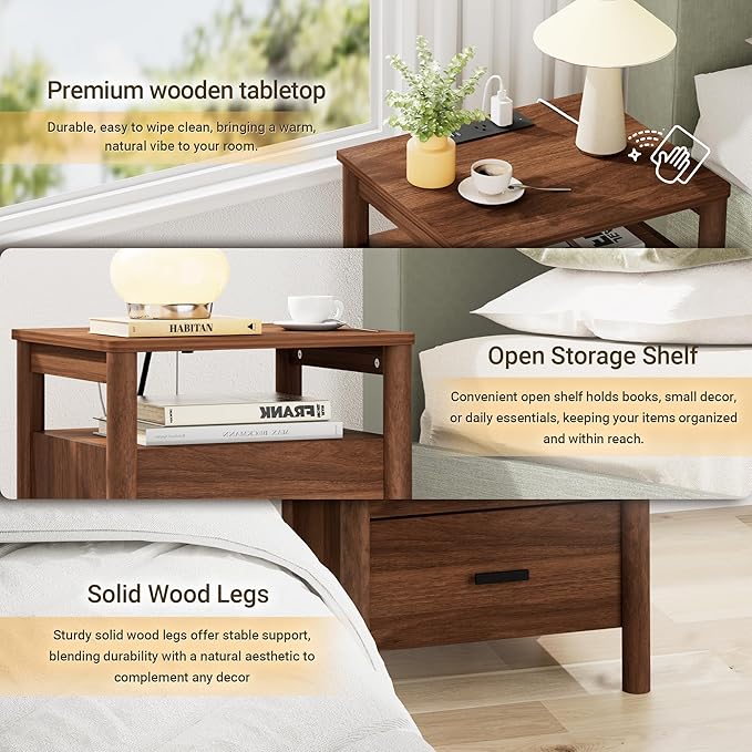 FavourLife Night Stand, 20" Wide Nightstand, Modern Nightstand with Charging Station, 2 Drawer Wooden End Table with Solid Round Post Legs & Open Shelf, Bedside Table w/Storage for Bedroom, Walnut