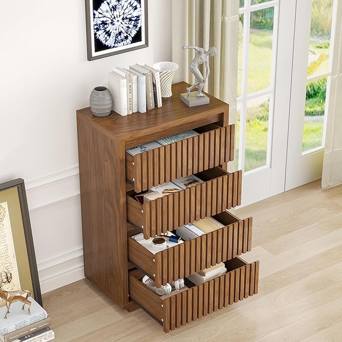 Fluted 4 Drawer Dresser, Mid Century Small Dresser for Bedroom, Wood Chest of Drawers, Modern Closet Clothes Organizer, Walnut Wooden Storage for Living Room, Brown