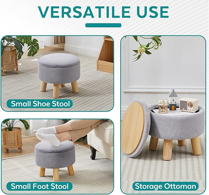 FIMIVIBI Small Foot Stool Ottoman with Storage, Soft Faux Fur Ottoman Foot Rest for Couch, Round Footstool with Storage, Small Ottomans and Footstools for Living Room and Entryway (Gray)