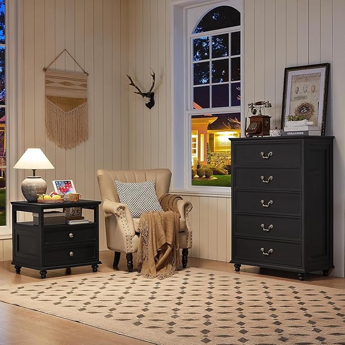 24" Wide Farmhouse Nightstand with Charging Station Set of 2, 45" Tall Rustic Chests of 5 Drawers w/ 4 Solid Wood Feet, Farmhouse Furniture Series for Living Room,Bedroom,Black