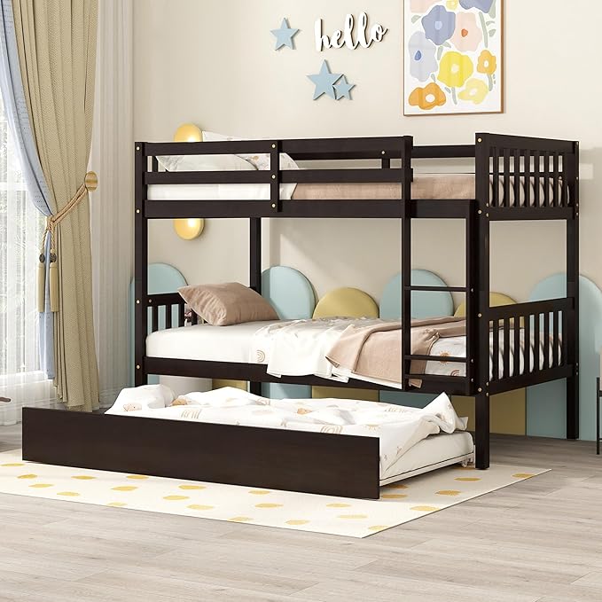 Bellemave Twin Over Twin Bunk Bed with Trundle,Convertible Bunk Beds with Ladder & Safety Guardrails,Twin Size Bunk Beds for Kids Girls Boys,Espresso